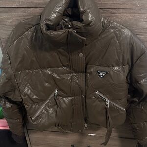 Brown Puffer leather Jacket with Zipper Details size M